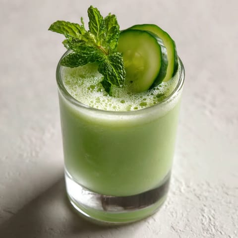 A glass of cucumber melon gazpacho shooters.