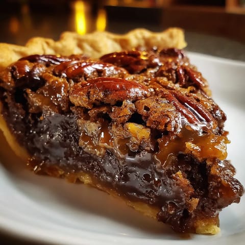 A slice of pecan pie with caramel drizzle.
