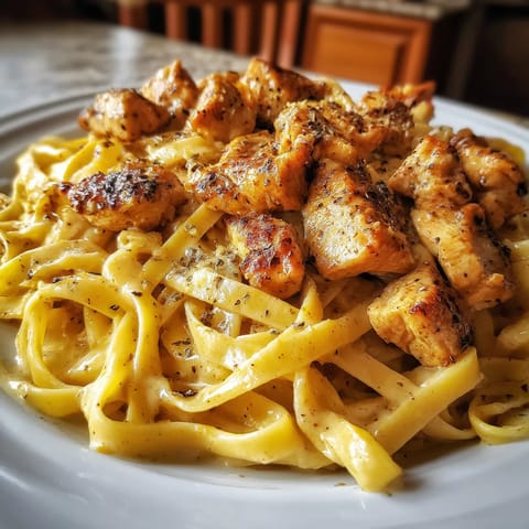 A plate of spicy Cajun honey butter chicken and pasta.
