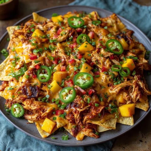 A plate of BBQ Peach Chicken Nachos with Smoked Cheddar.