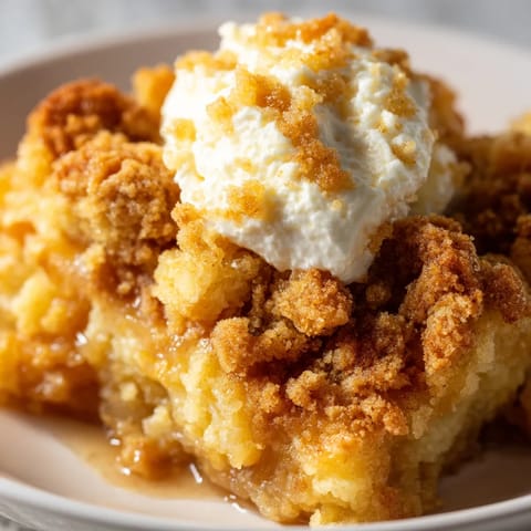 A slice of lemon dump cake with white cream on top.