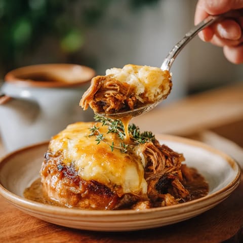 A person is eating a roast with mashed potatoes and gravy.