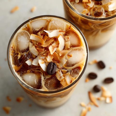 Two glasses of iced coffee with coconut water.