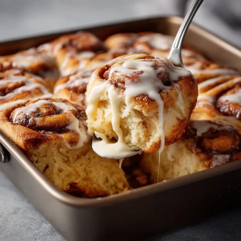 A fork is in a pan with a big and bubbly cinnamon roll focaccia.