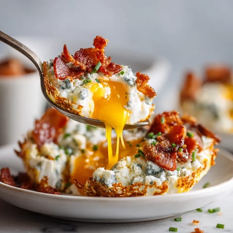 A spoon is in a bowl of food that includes bacon, blue cheese and eggs.