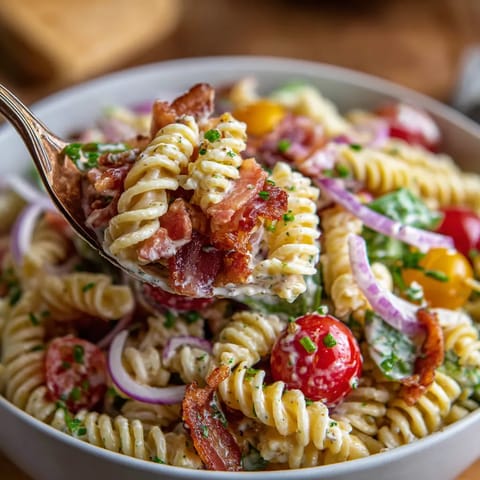 A bowl of BLT pasta salad.
