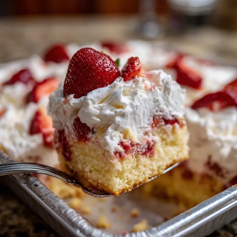 A slice of strawberry shortcake is being held in a metal pan.