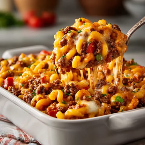 A spoon is in a bowl of Johnny Marzetti Casserole.