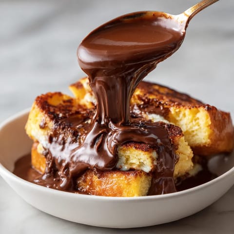 A bowl of French toast with chocolate drizzled on top.