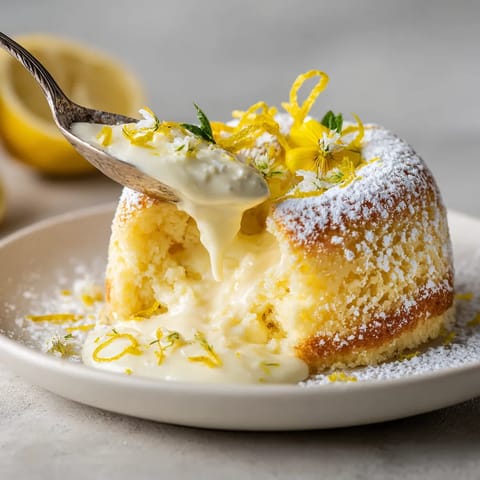 A white chocolate lemon lava mini cake with a spoon in it.