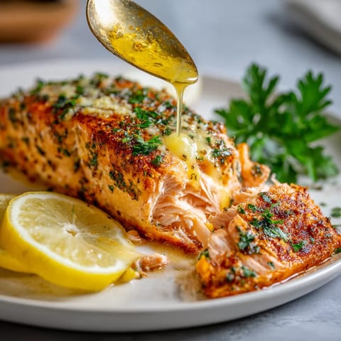 A piece of Texas Roadhouse-style baked salmon with lemon and herbs.