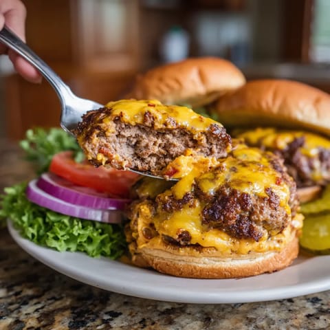 A person is holding a fork with a burger on it.