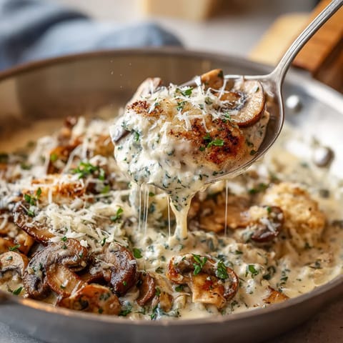 A spoon is in a bowl of mushrooms and cheese.