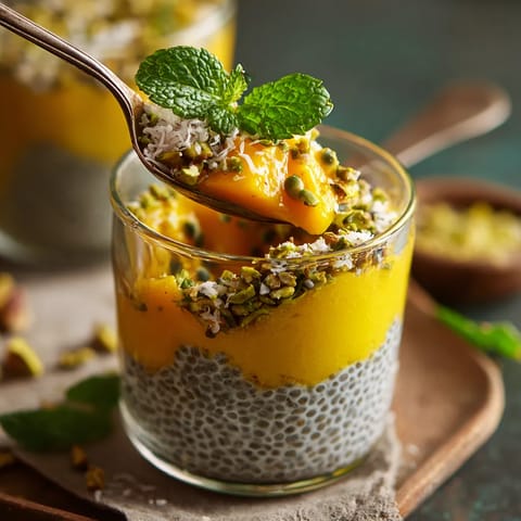 A glass of mango coconut chia parfait.