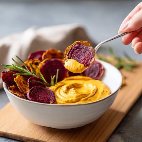 A bowl of rosemary beet chips with a spoon in it.