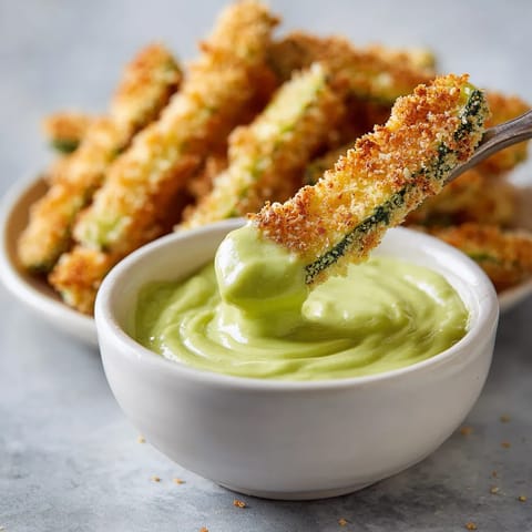A bowl of baked zucchini fries with a silky avocado dip.