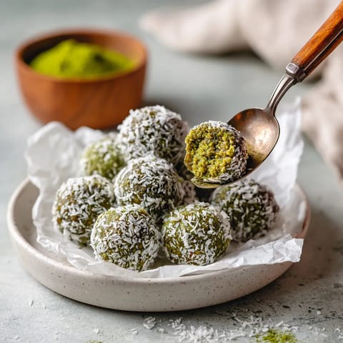 A spoon is scooping up a green powder from a bowl.