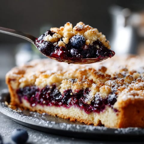 A spoonful of German Blueberry Cake.