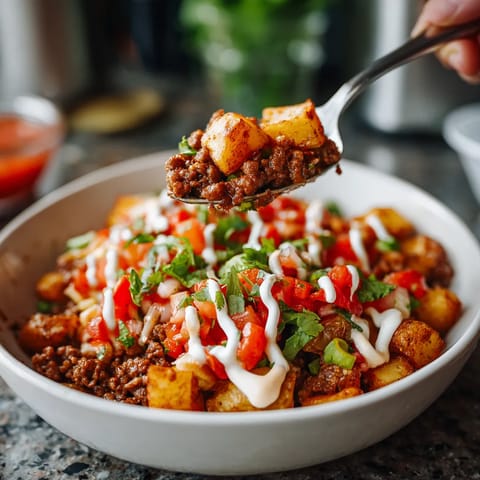 A person is eating a loaded potato taco bowl meal.