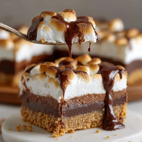 A slice of s'mores fudge bars with chocolate drizzled on top.