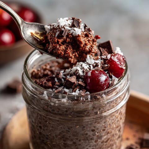 A spoonful of black-forest oats with cherries.