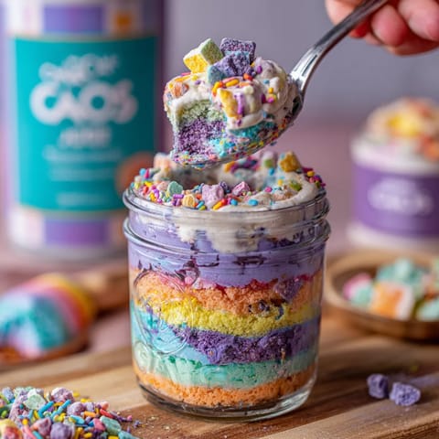 A hand is scooping a spoonful of colorful Chaos Cake.