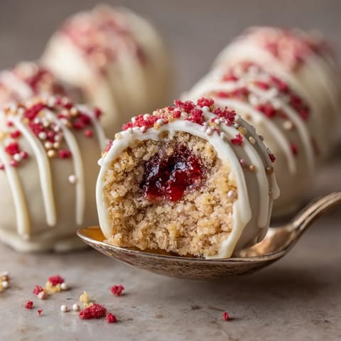A strawberry shortcake pop in a spoon.