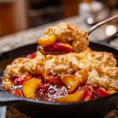 A skillet with a peach cobbler in it.