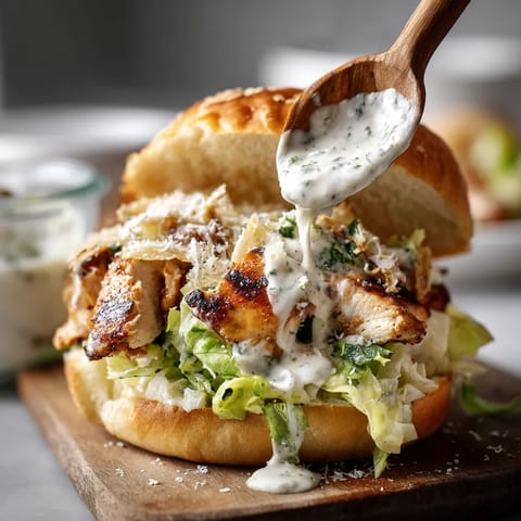 A chicken Caesar burger with sauce dripping from it.