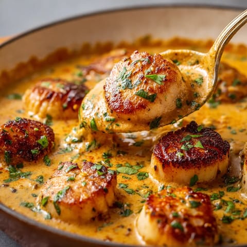 A bowl of scallops in a spicy cream sauce.
