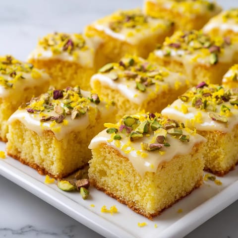 A plate of yellow cake with pistachio and citrus flavors.