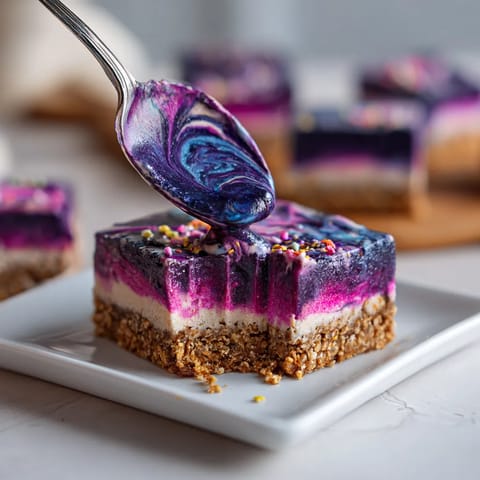 A spoon is scooping up a piece of Aura-Indigo Galaxy Cheesecake Bars.