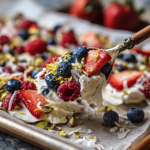 A spoon is scooping up frozen yogurt with berries.