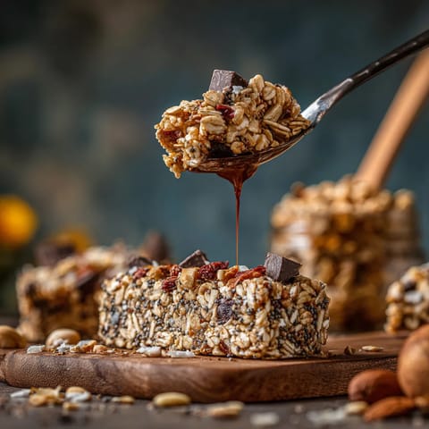 A spoonful of granola bars with chocolate drizzle.