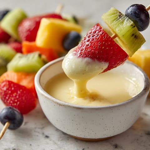 A bowl of fruit skewers with yogurt dip.