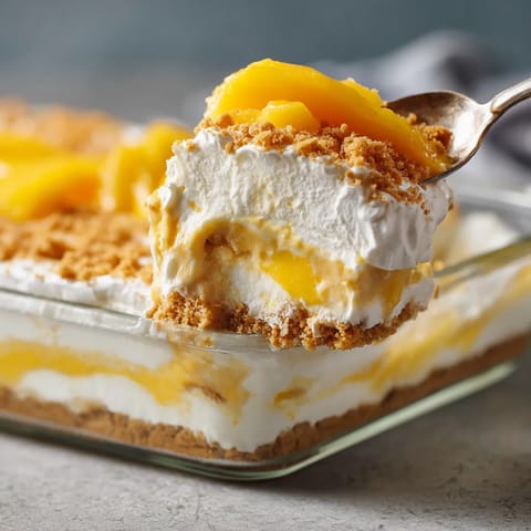 A slice of peach cobbler with a spoon in it.