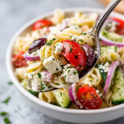 A fork is being used to eat a Greek pasta salad.