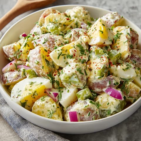A white bowl filled with potato salad.