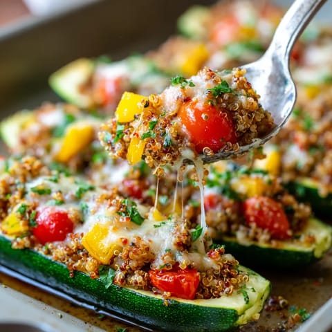 A spoon is scooping up food from a pan of stuffed zucchini boats.