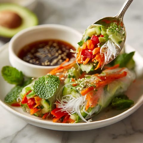 Veggie spring rolls with a dipping sauce.