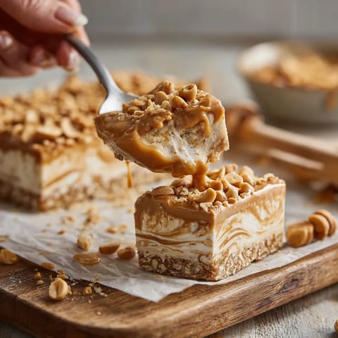 A person is eating a peanut butter frozen yogurt bar.