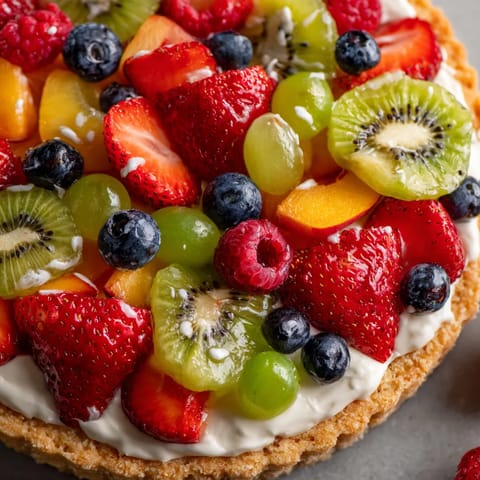 A fruit pizza with cream cheese glaze.
