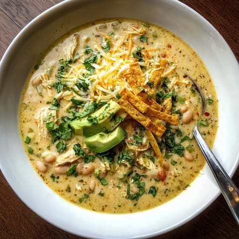 A bowl of soup with chicken and cheese.