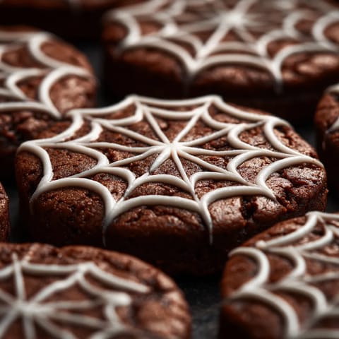 Chocolate cookies with white icing and a spider web design.