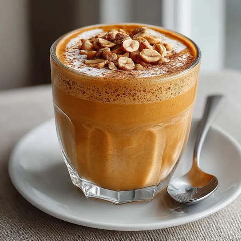 A glass of a sweet potato and peanut butter protein smoothie.