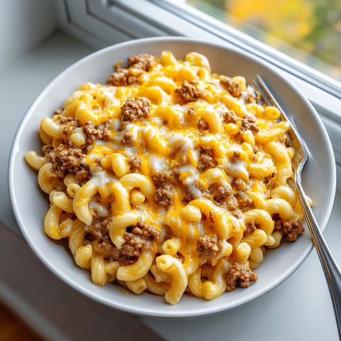 A bowl of macaroni and cheese with beef.