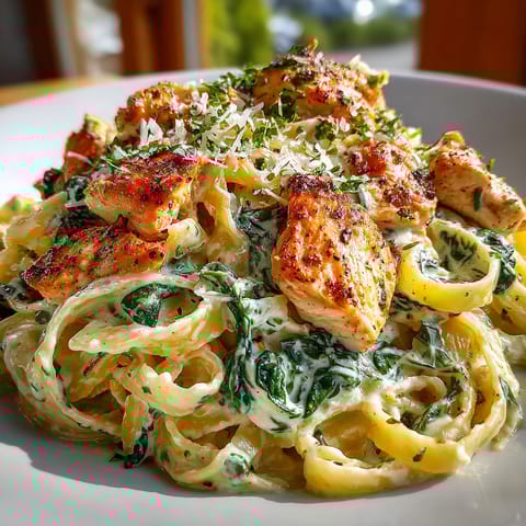 A plate of creamy chicken alfredo pasta.