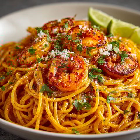 A bowl of shrimp and pasta.