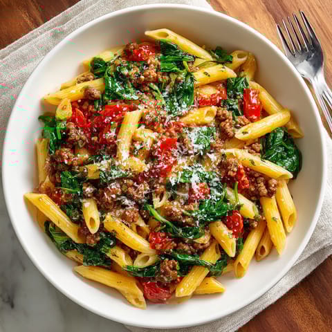 A bowl of pasta with ground beef and spinach.
