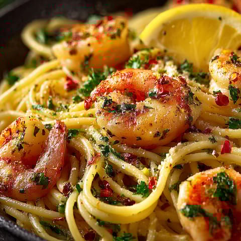 A bowl of spaghetti with shrimp and lemon.